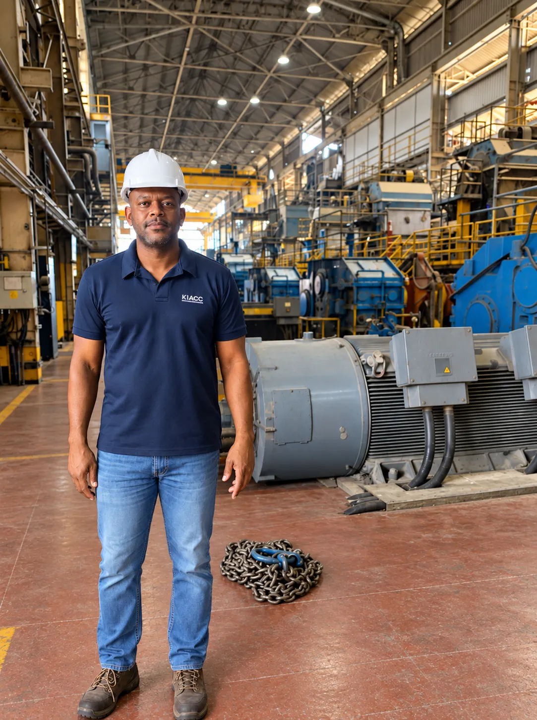 Andrés Mosquera, ingeniero electricista de KIACC, junto a un motor industrial