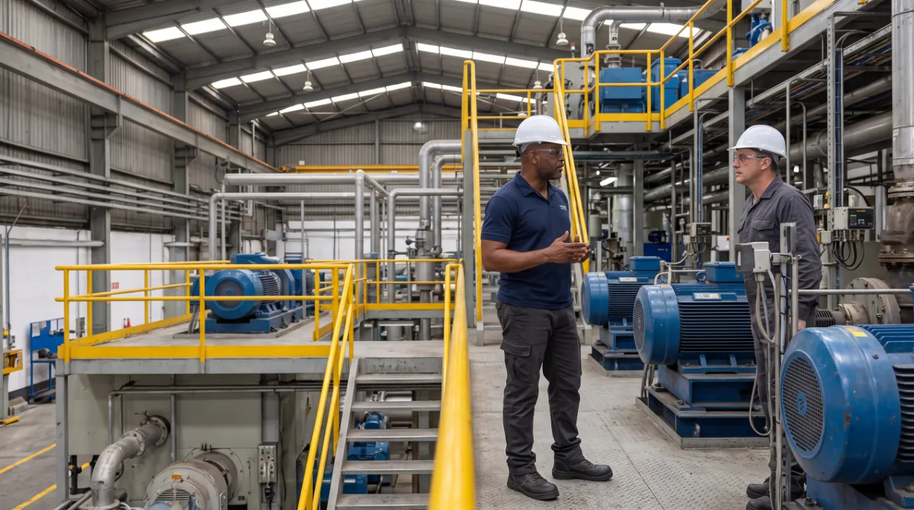 Recorrido técnico por una planta industrial con bombas y motores